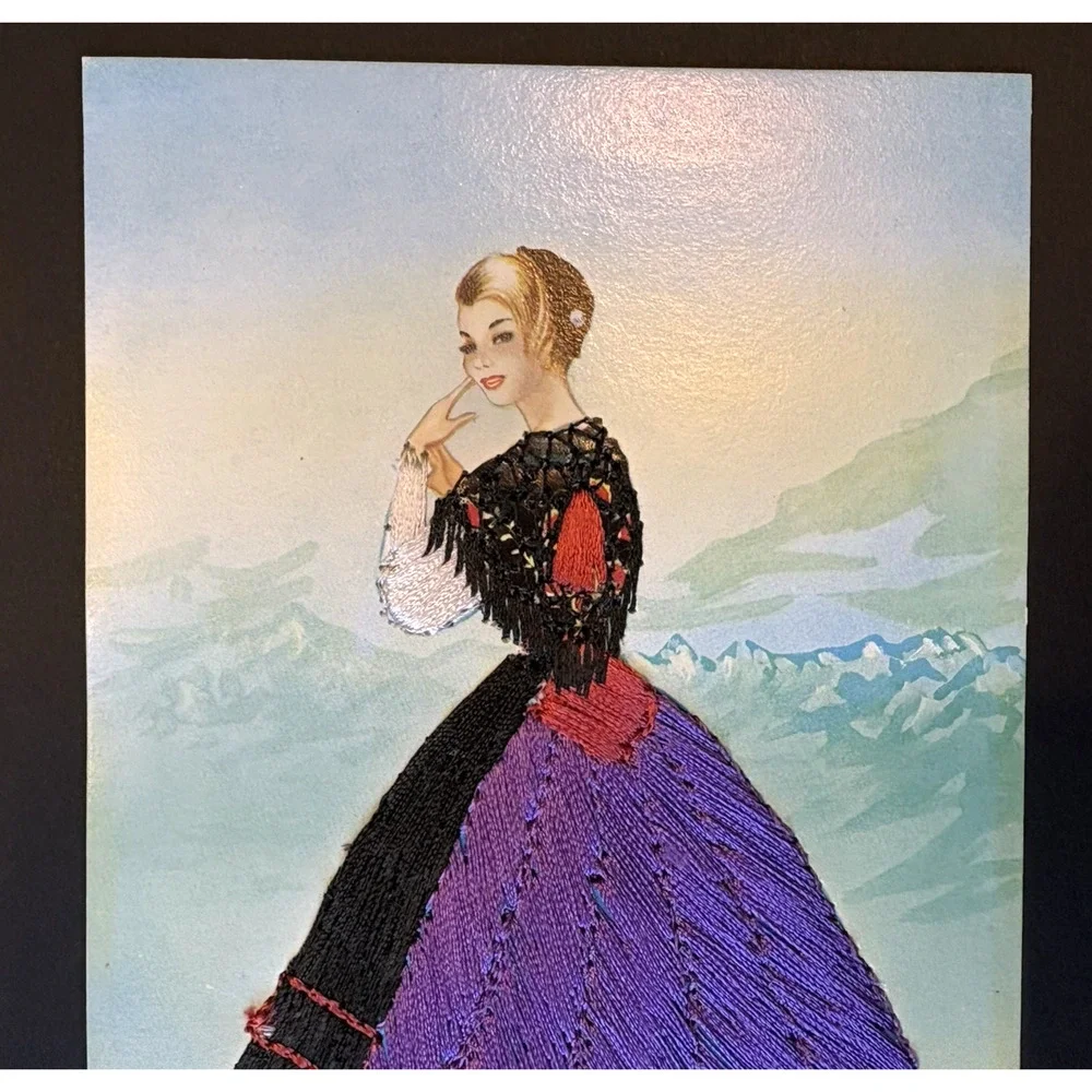 Vintage Embroidered Card of Woman‎ Wearing Swiss National Costume Purple Black